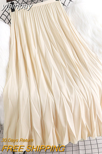 yipinpay 2023 Korean Summer Fashion Wave Pleated Long Midi Skirt Women Solid Color Casual Kawaii High Waist Mid-Calf Skirts